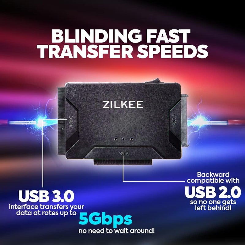ZILKEE محول SATA/IDE إلى USB 3.0 - محول عالمي لأقراص IDE و SATA بحجم 2.5 بوصة / 3.5 بوصة، قارئ أقراص خارجي مع مزود طاقة 12 فولت، يدعم حتى 6 تيرابايت - Image 5
